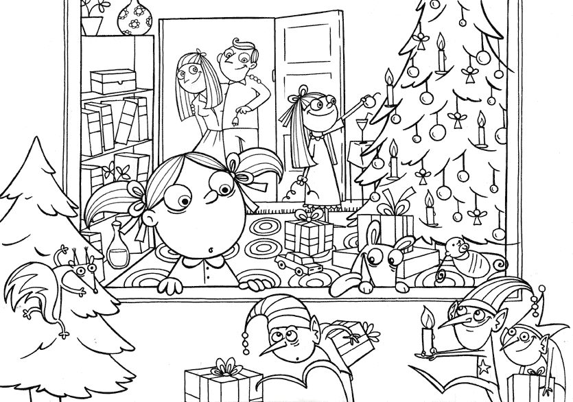 Christmas girl saw elves coloring page Christmas girl saw elves coloring page